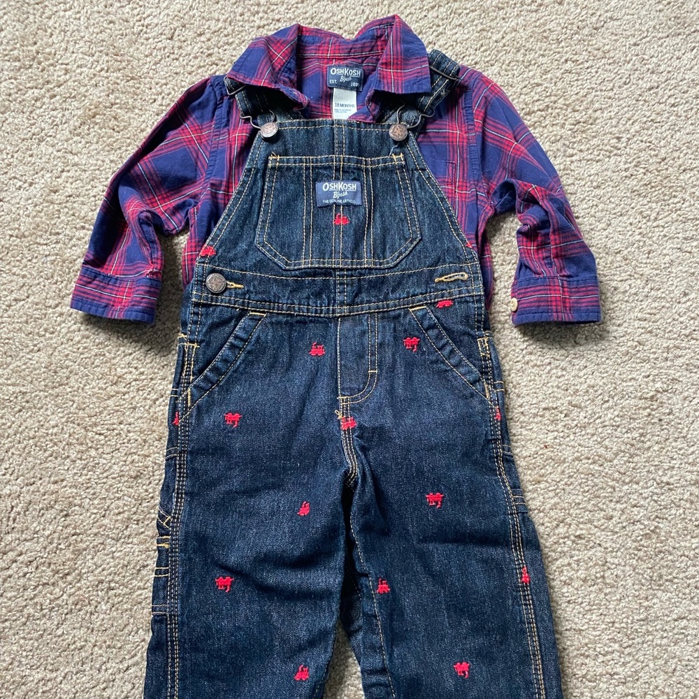 Cute Oshkosh Train Jean Bib Overalls with Matching shirt- Size 18 Months